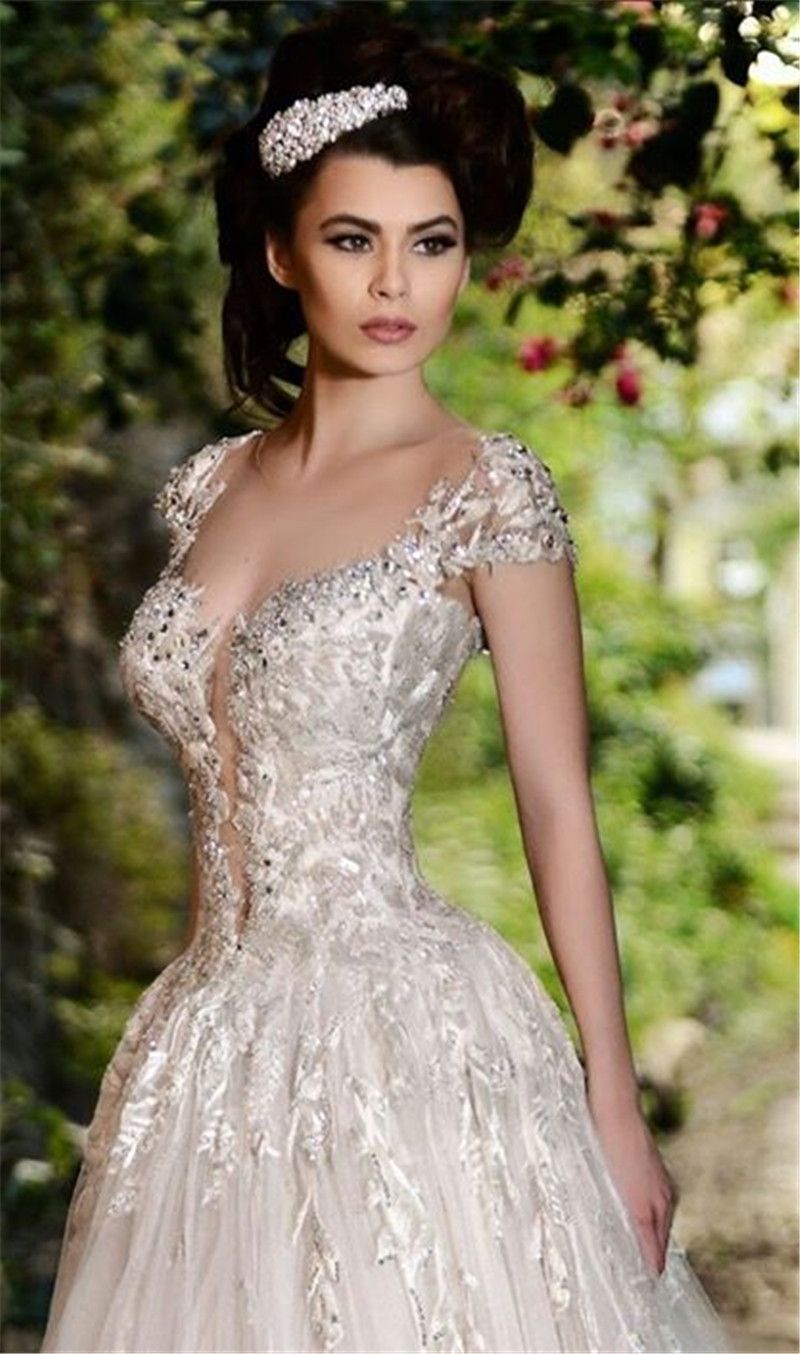 Rami Salamoun Glamorous RhinestoneS apliques de encaje bolas Cristales  Flores Vestidos de novia Cap mangas de
