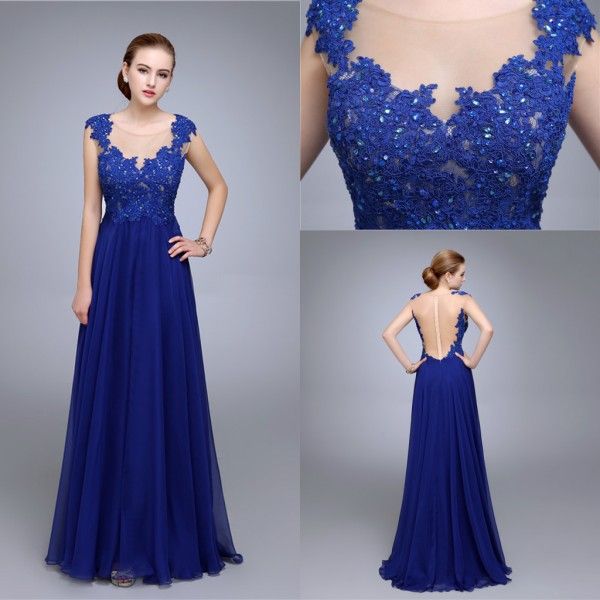 Vestidos De Fiesta Hermosas 2016 Scoop Escote Real De La Gasa De Encaje  Azul Larga Vestido
