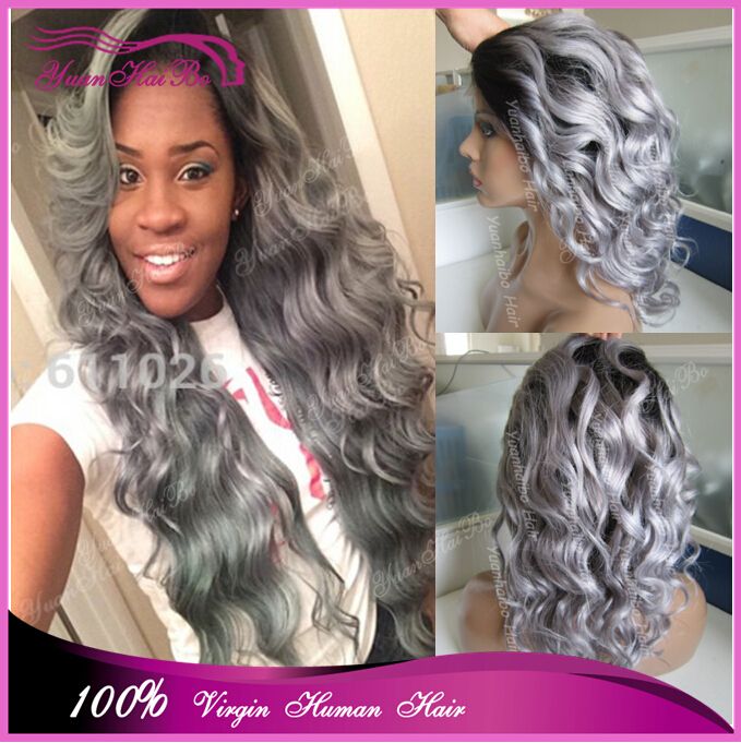 hot selling brazilian virgin hair wig ombre silver grey human hair deep  wavy ombre lace front wig two tone color free shipping