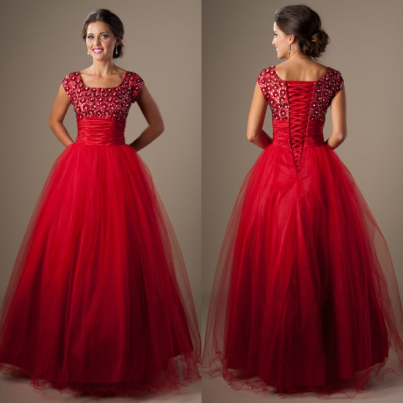 red modest prom dress