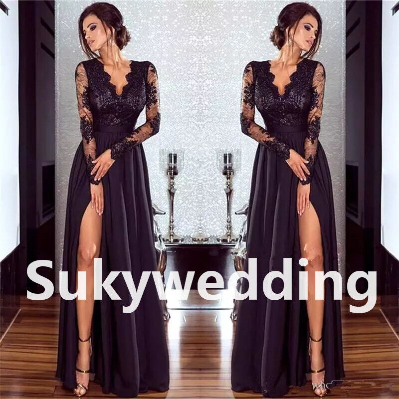 black lace floor length formal gown