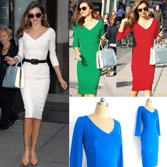 2021 2015 Cheap Miranda Kerr Street Style Dresses 3 4 Long Sleeves Sheath V Neck Pencil Dresses Knee Length Work Dresses A10 From Topdresses 14 63 Dhgate Com