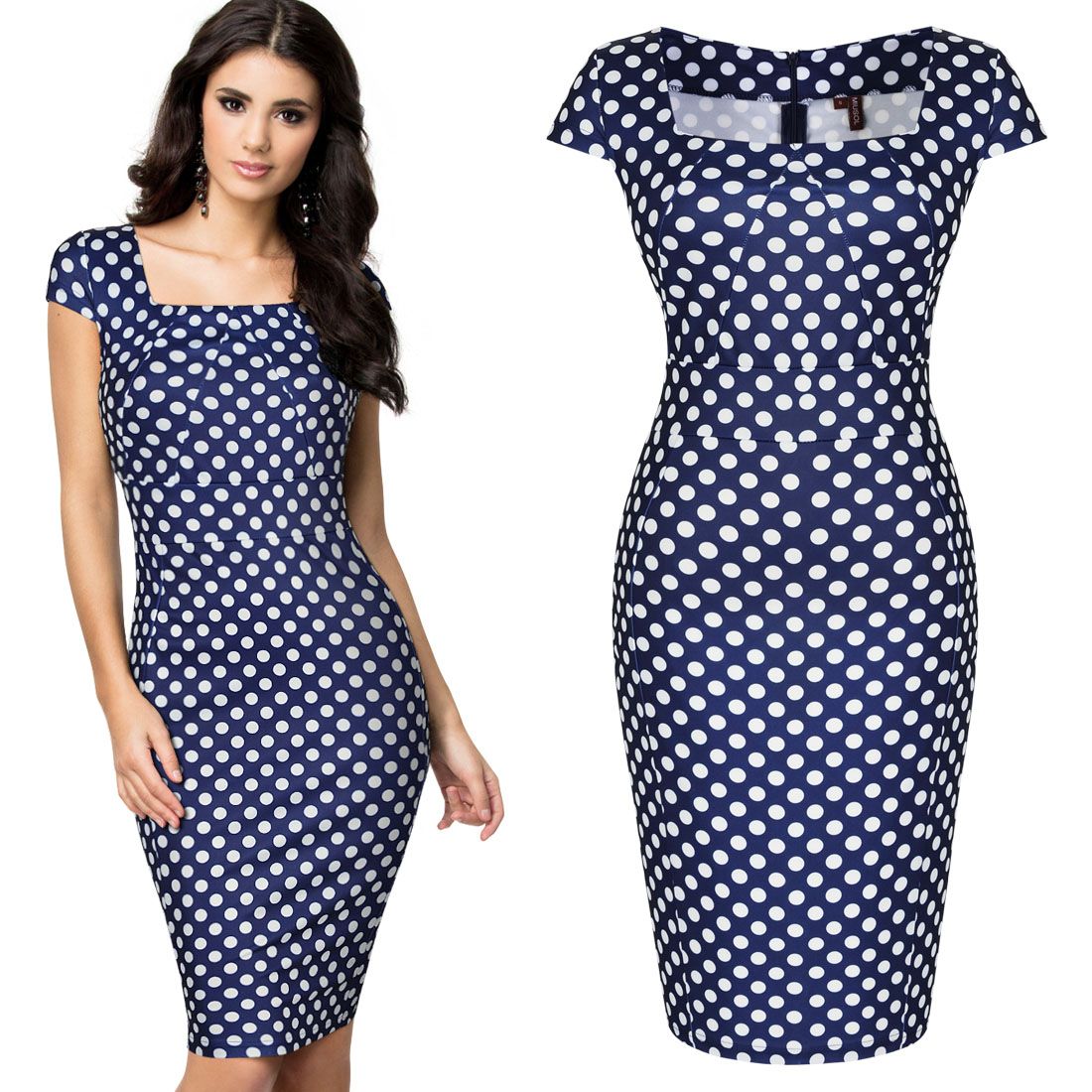 square neck polka dot bodycon dress
