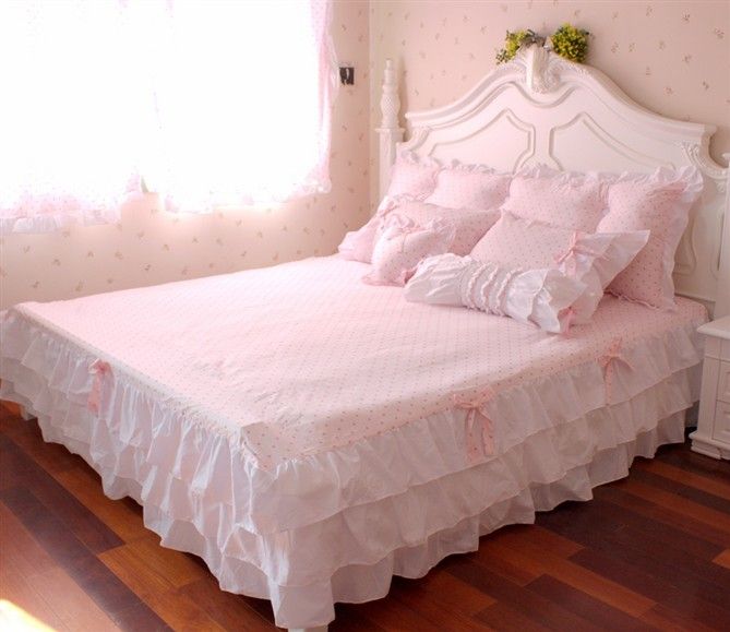 Pink Ruffle Princess Cotton Duvet Cover Wedding Bedding Set Queen