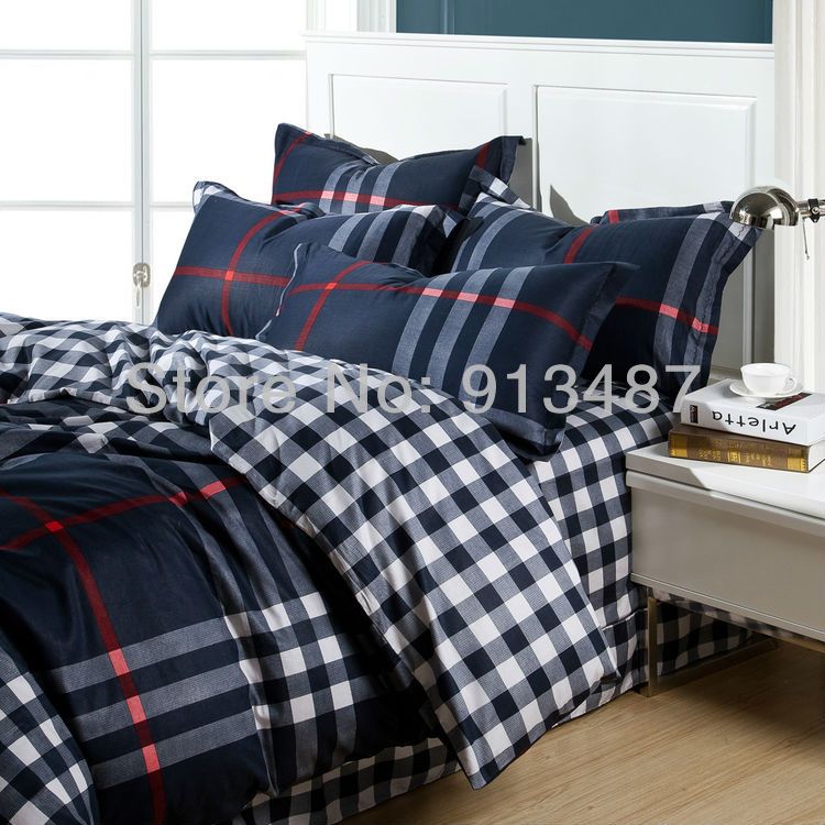 Wholesale Mens Plaid Stripe Reactive Print Bedding Set Navy 100