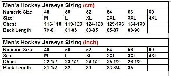 Ice Hockey Jersey Size Chart