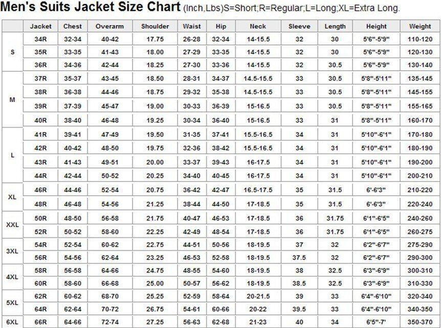 Suit Blazer Size Chart