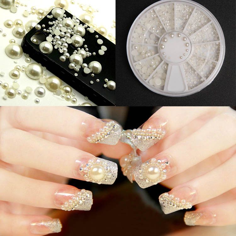 3d Fashion White Nail Art Tips Pearl Acrylic Gem Glitter Manicure