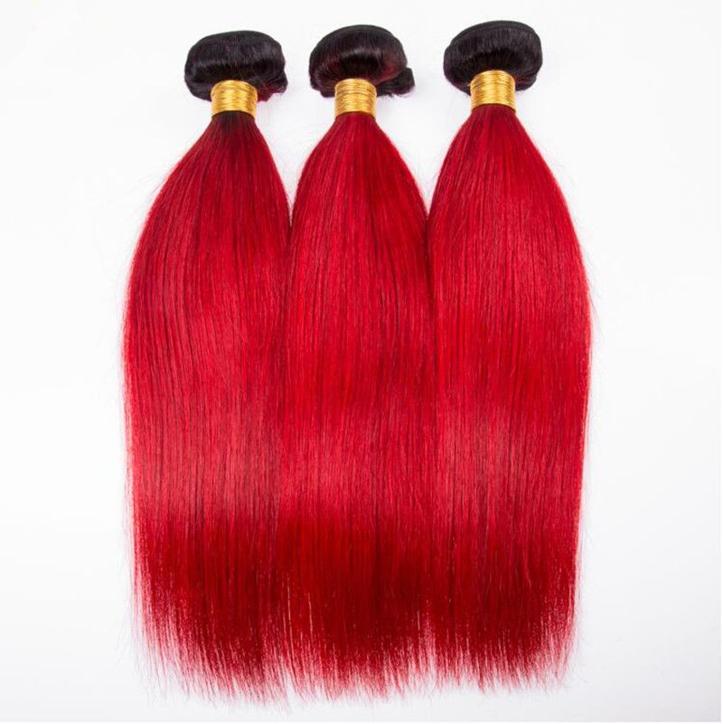 Ombre Color Silky Straight Hair 1b Red 3bundles With Lace Closure