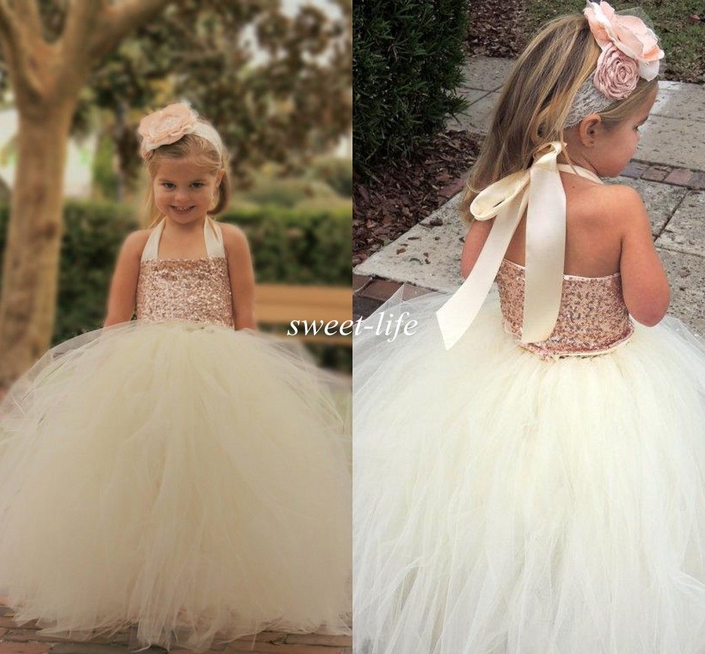 Cute Ivory Flower Girl Dresses 2019 Bling Rose Gold Sequin Halter Tutu Floor Length Ball Gown Cheap Custom Made Little Girls Pageant Dresses White