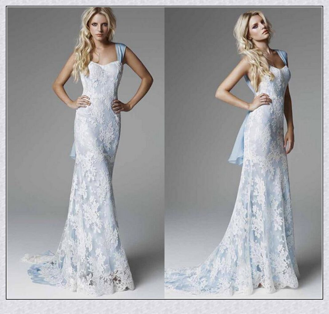 Ice Blue Lace Wedding Dresses 2018 Sexy Sheath Sweep Train