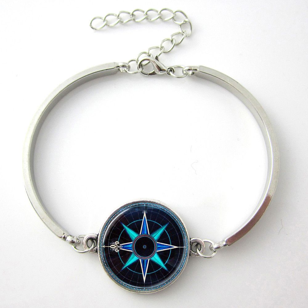 Compass Rose Bracelet,Nautical Jewelry Navy Blue And Aqua Art Pendant