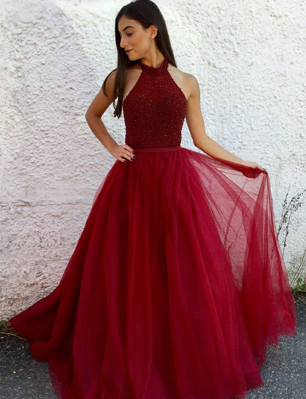 Compra Impresionantes Vestidos De Fiesta De Tul Rojo Oscuro Halter Con  Cuentas Cuello Longitud Del Piso Sin Espalda Vestido De Gala Vestidos De  Noche Más Tamaño Vestidos De Fiesta Barato | Entrega
