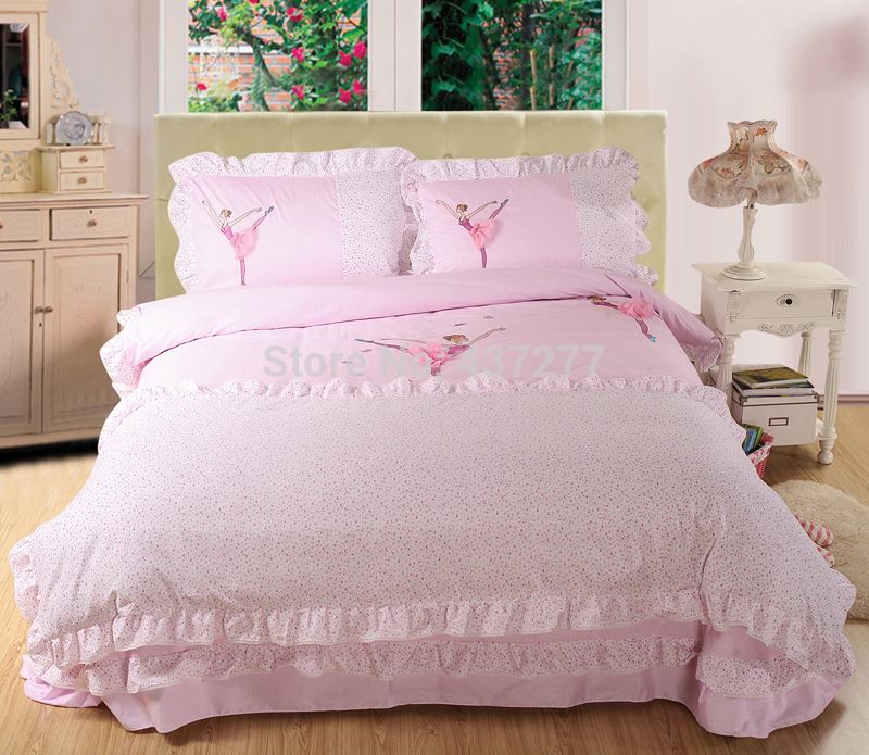 Girls Pink Ballet Lace Cotton Bedding Sets Bedclothes With