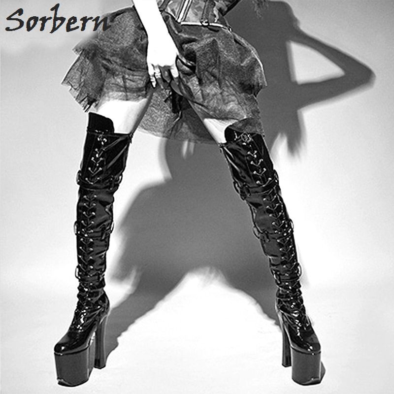 chunky heel lace up thigh high boots