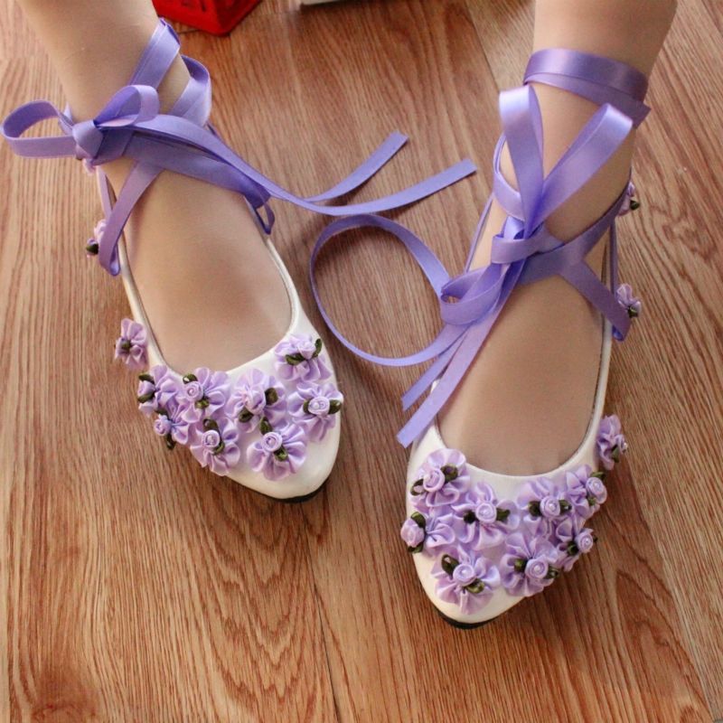 Purple Manual Wedding Shoe Flower Shoes With Flat Belt With Low