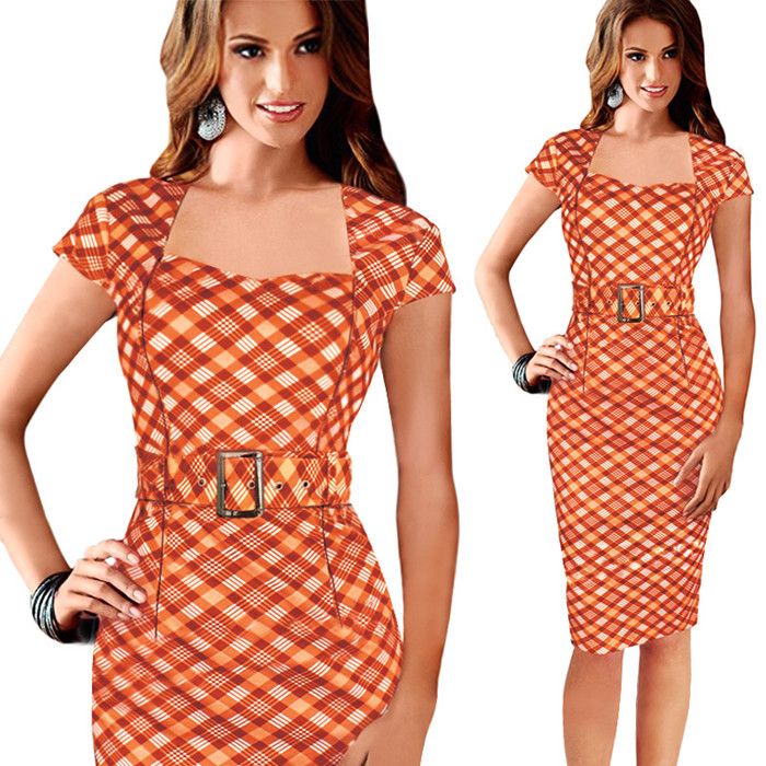 Elegante vestido de tela escocesa vestido cuello cuadrado de manga corta fiesta de baile Bodycon lápiz Elegante vestido de tela escocesa vestido cuello cuadrado de manga corta fiesta de baile Bodycon lápiz