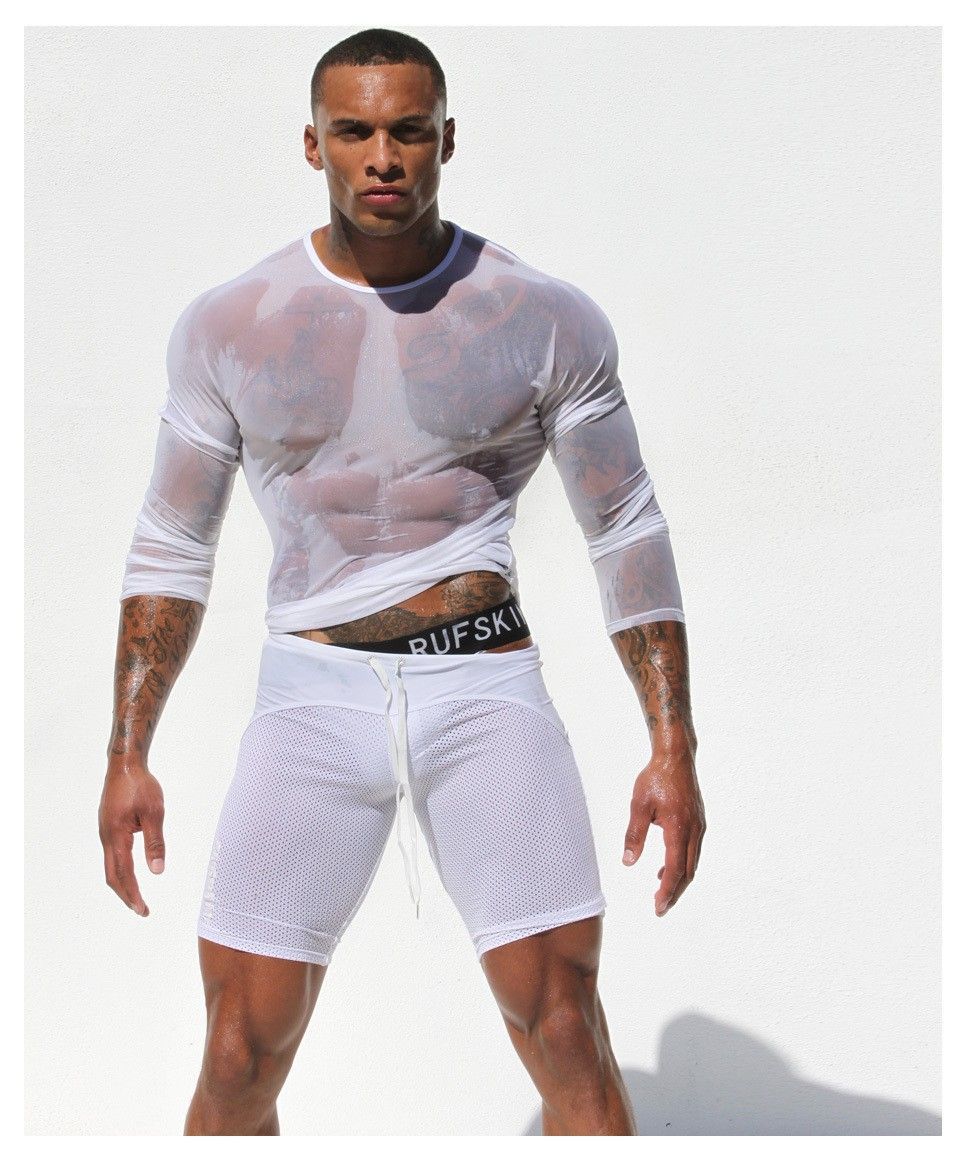 2021 Top Mens Sleep Tops Long Sleeve Sheer See Through Mesh Sexy 