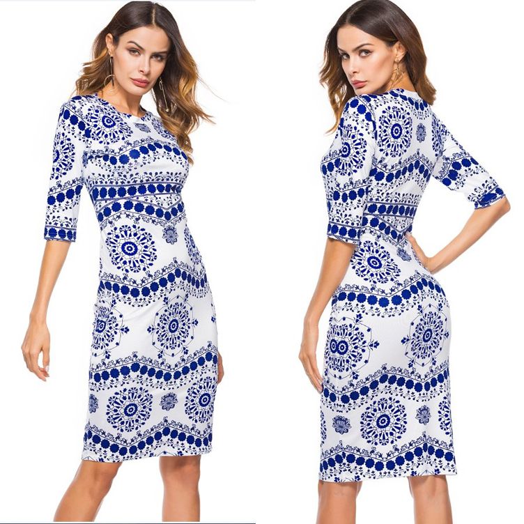 blue and white porcelain print dress