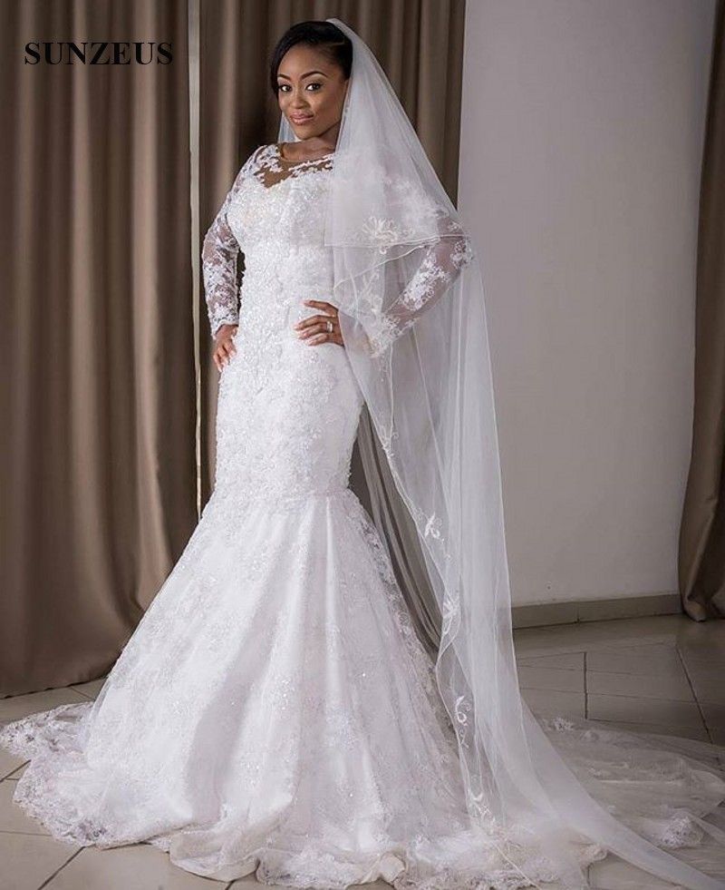 Acheter Femmes Africaines Sirène à Manches Longues Robes De Mariée 2017 Perles Perlée Robe De Mariée étincelle Paillettes Dentelle Robes De Mariée