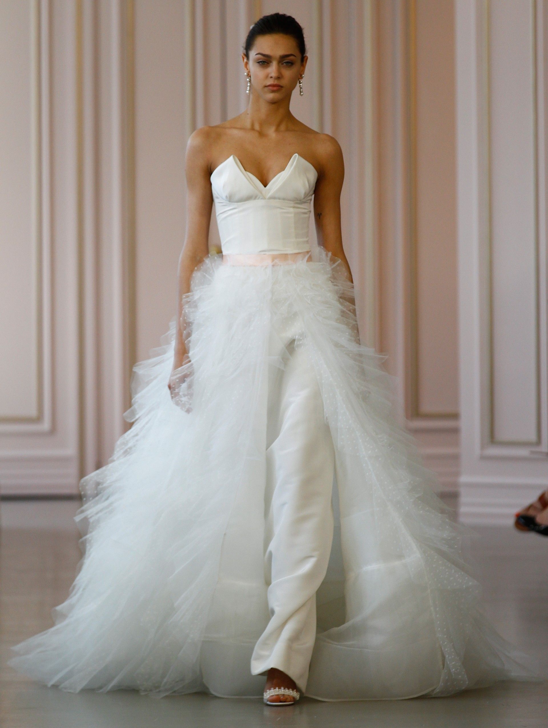 white bridal pantsuit with train
