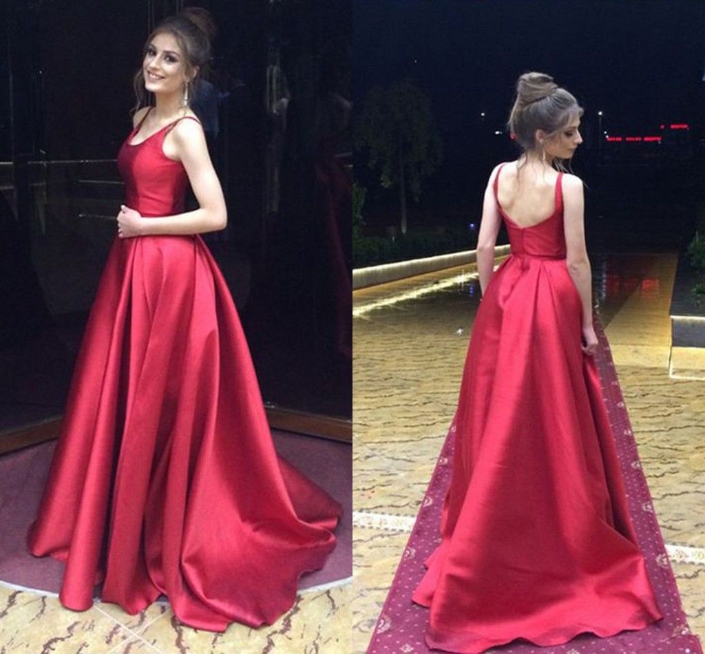 red satin long prom dress