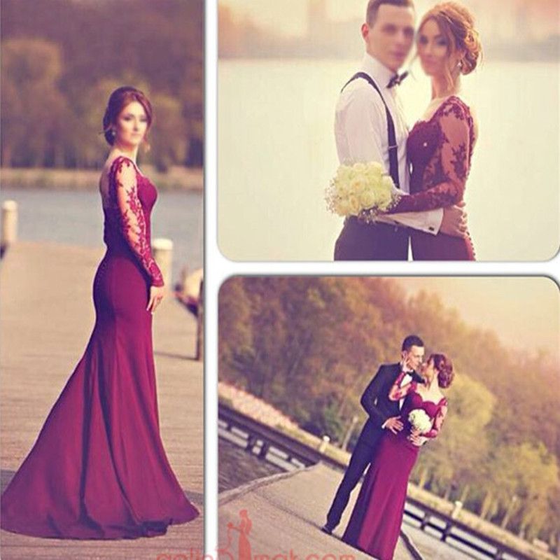2016 Arabic Burgundy Long Sleeves Mermaid Evening Dresses