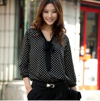 Blusas Femininas 2015 Mujer Blusas De Manga Larga De Lunares Blanco Diseño Sencillo Arco De