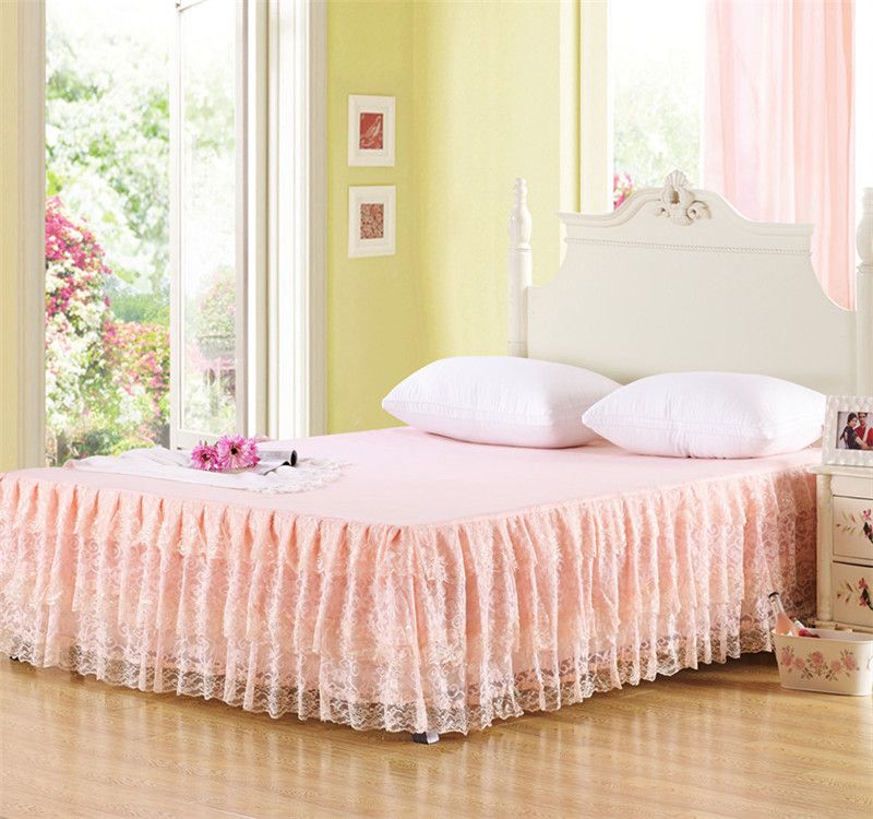 Wholesale Pale Peach 3 Tiers Ruffled Lace Bed Skirt Bedspread Cotton