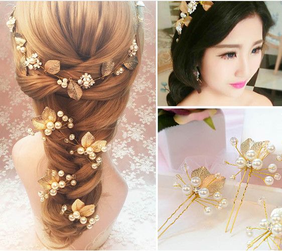 Romantic Party Hair Pin Gold Leaf Wedding Hair Piece Head Piece