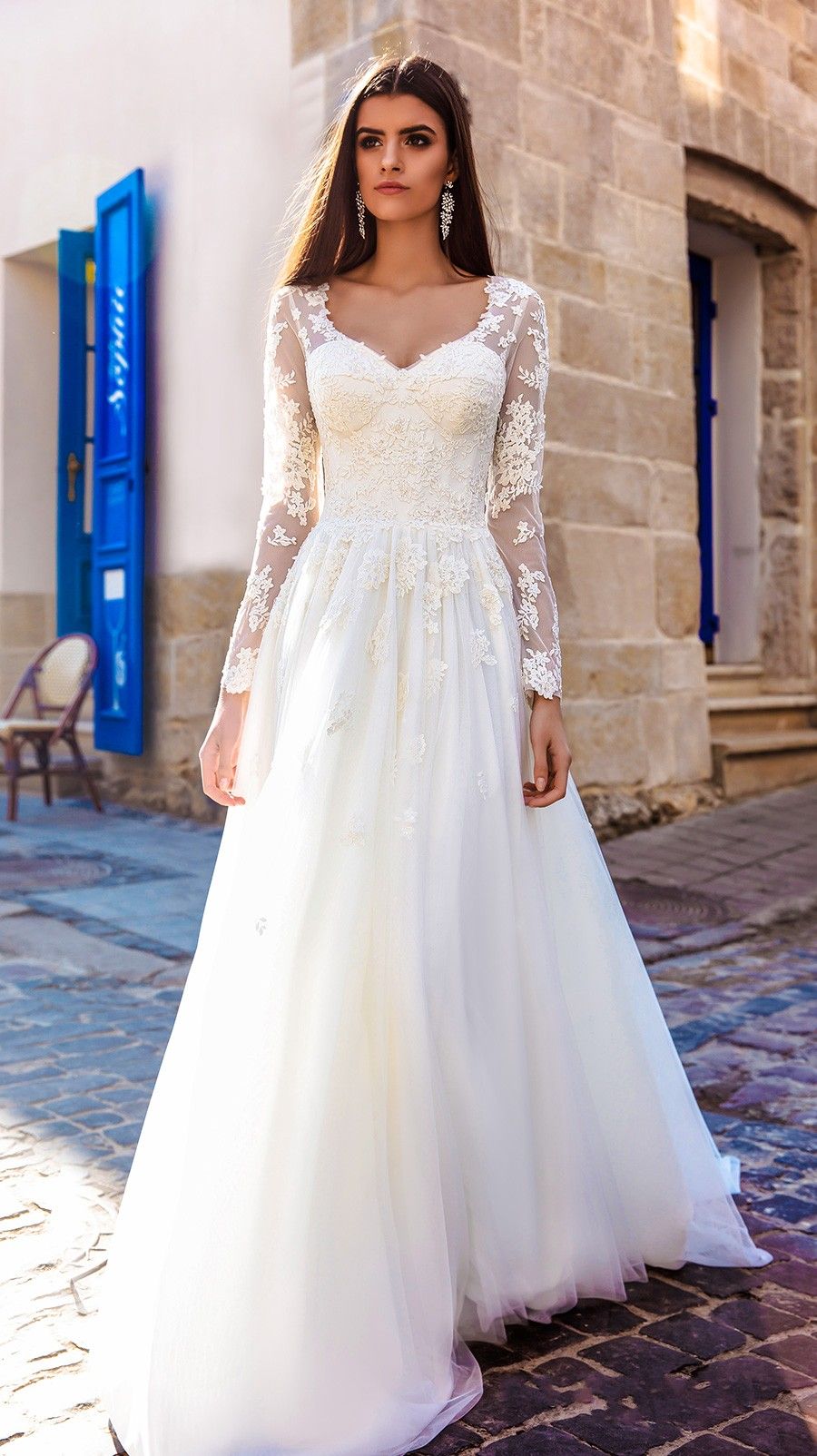 Acheter 2018 Une Ligne Manches Longues V Cou Dentelle Tulle Robes De Mariée Simple élégant Appliques Robes De Mariée Plus La Taille Vestios De Novia