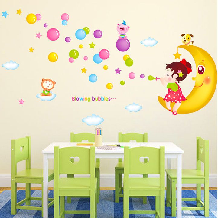 Blowing Bubbles Girl On The Moon Wall Art Mural Decor Sticker Cartoon Girl Moon Bear Wall Decal Applique Kids Room Nursery Wall Poster Wall Art Decals Wall Art Decals Quotes From Magicforwall