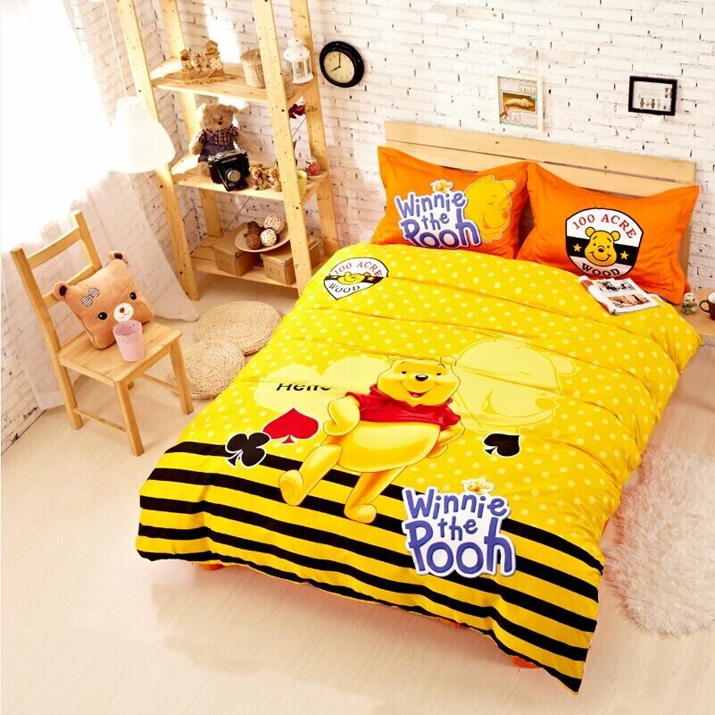 Cute Cartoon Winnie The Pooh Yellow Childrens Bedding Set Twin