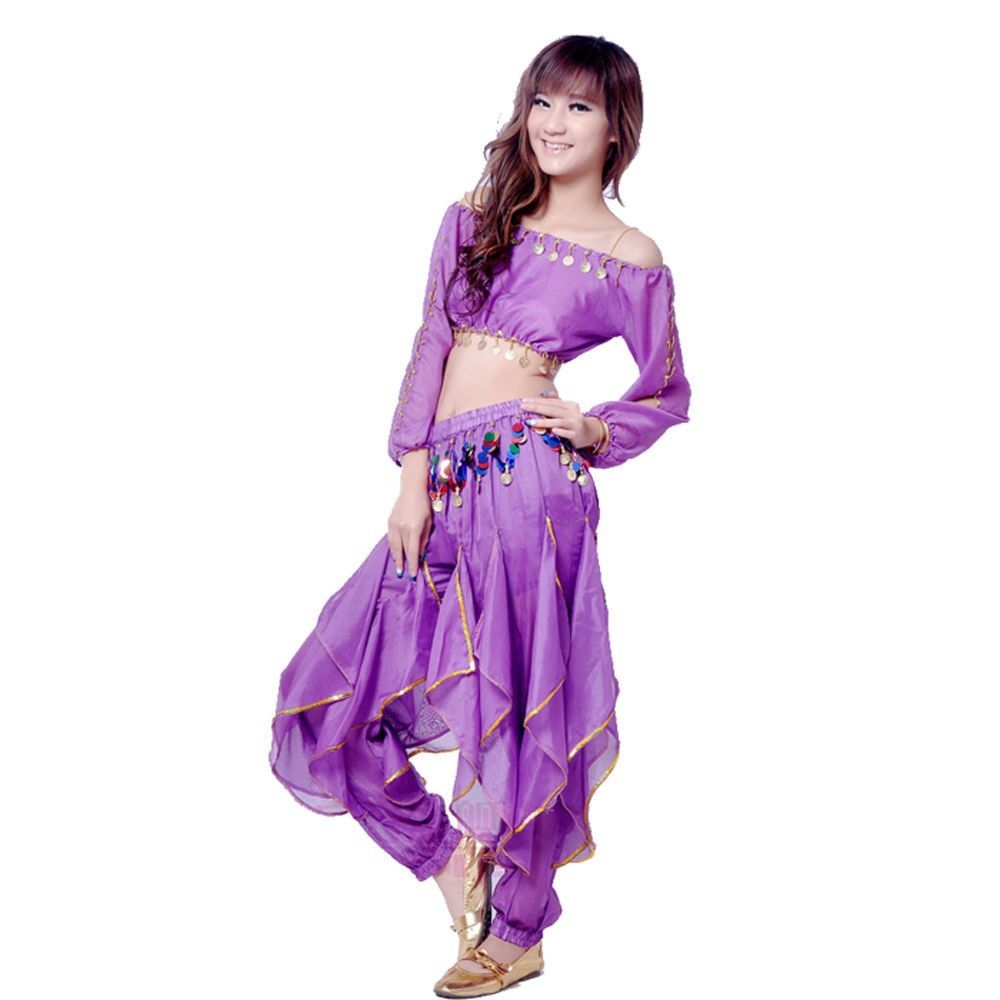 New Belly Dance Costume Set Top Tribal Gold Wavy Harem Pants Skirt