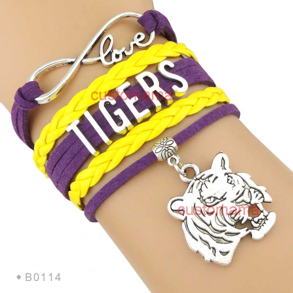 Infinity Love Tigers Team Bracelet Yellow Purple Custom Sports Team Cheer Team Bracelet Leather