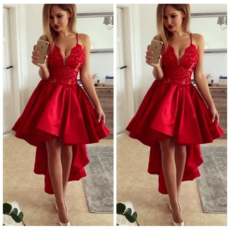 Compra Sexy Vestido Rojo De Alto Y Bajo Prom Vestidos Sexy Apliques De  Encaje De Cuello En V Satén Vestido De Fiesta Corto Vestido De Fiesta  Vestido De Noche Barato | Entrega