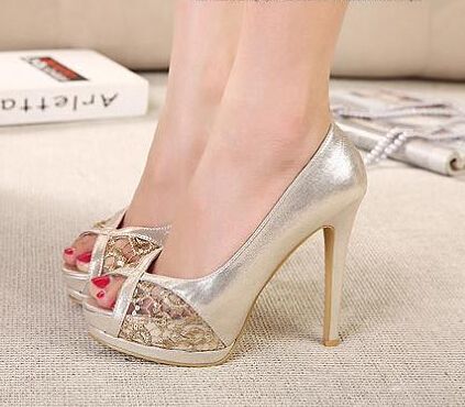 Meshy Embroidered Lace Gold High Heel Pumps Peep Toe Stiletto