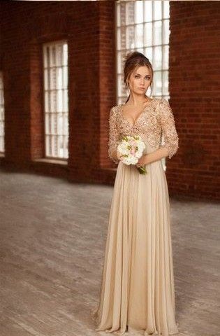 Acquistare Vestiti Da Damigella Donore Modeste Champagne Lungo A Manica  Lunga 3/4 Maniche V Collo Aperto Schiene Abiti Da Sera In Rilievo Il  Partito Formale Economico | Consegna Veloce E Qualità | It.Dhgate