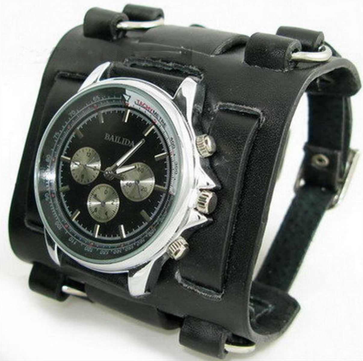 black leather cuff watch