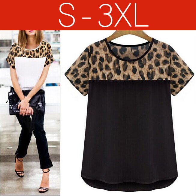 Nuevo 2015 verano Tallas grandes Blusa de gasa para mujer Camisa blanca leopardo Camisetas OL