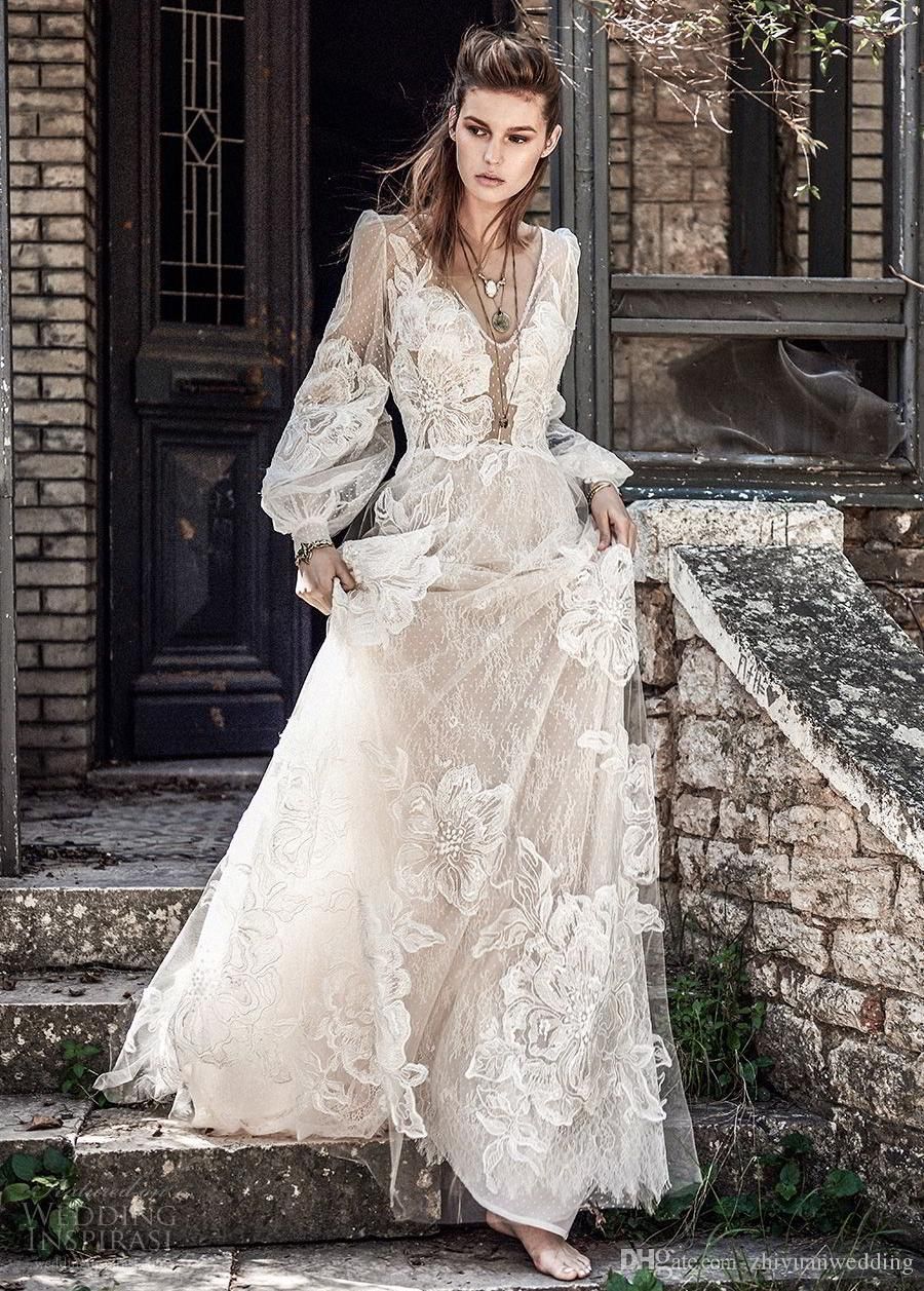 Eleganti Maniche Lunghe A Maniche Lunghe Abiti Da Sposa Bohemien 2018  Christos Costarellos Da Sposa Con Scollo A V E Pizzo Pieno Da 1.948,55 € |  DHgate Italy