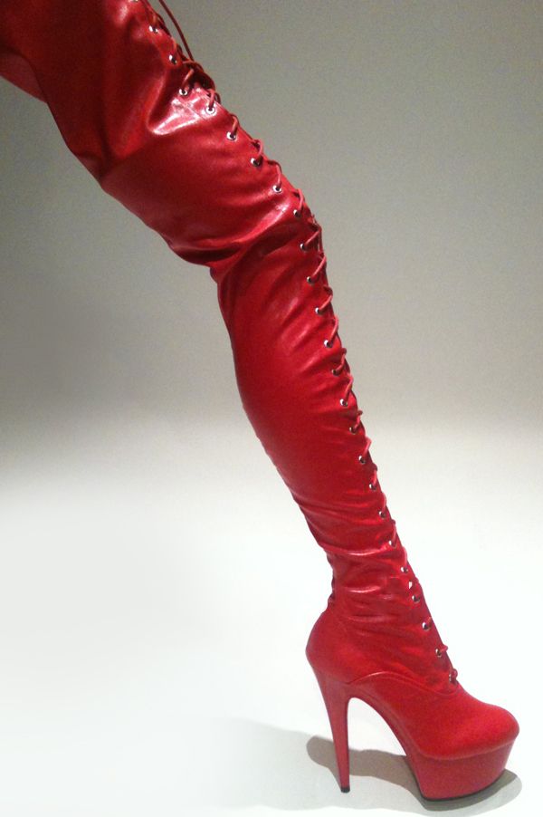 red platform knee high boots