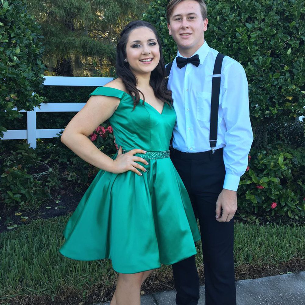 emerald green satin homecoming dress
