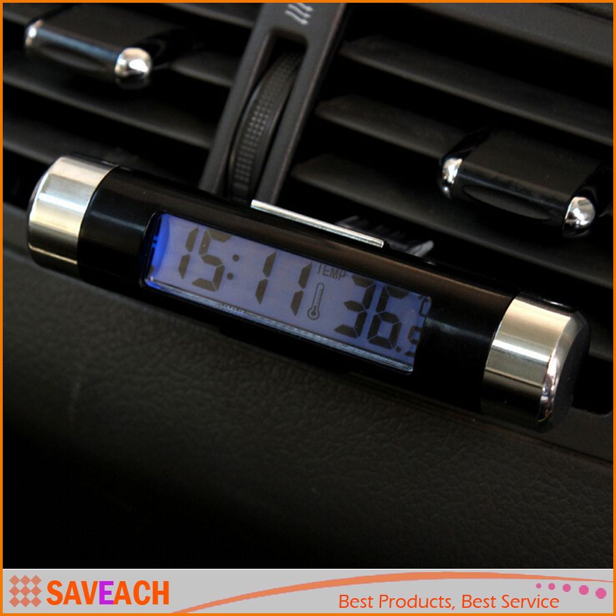 white Car Clock Thermometer 2 in 1 Digital LCD Backlight Thermometer Clip-on Automotive Time Clock Monitor