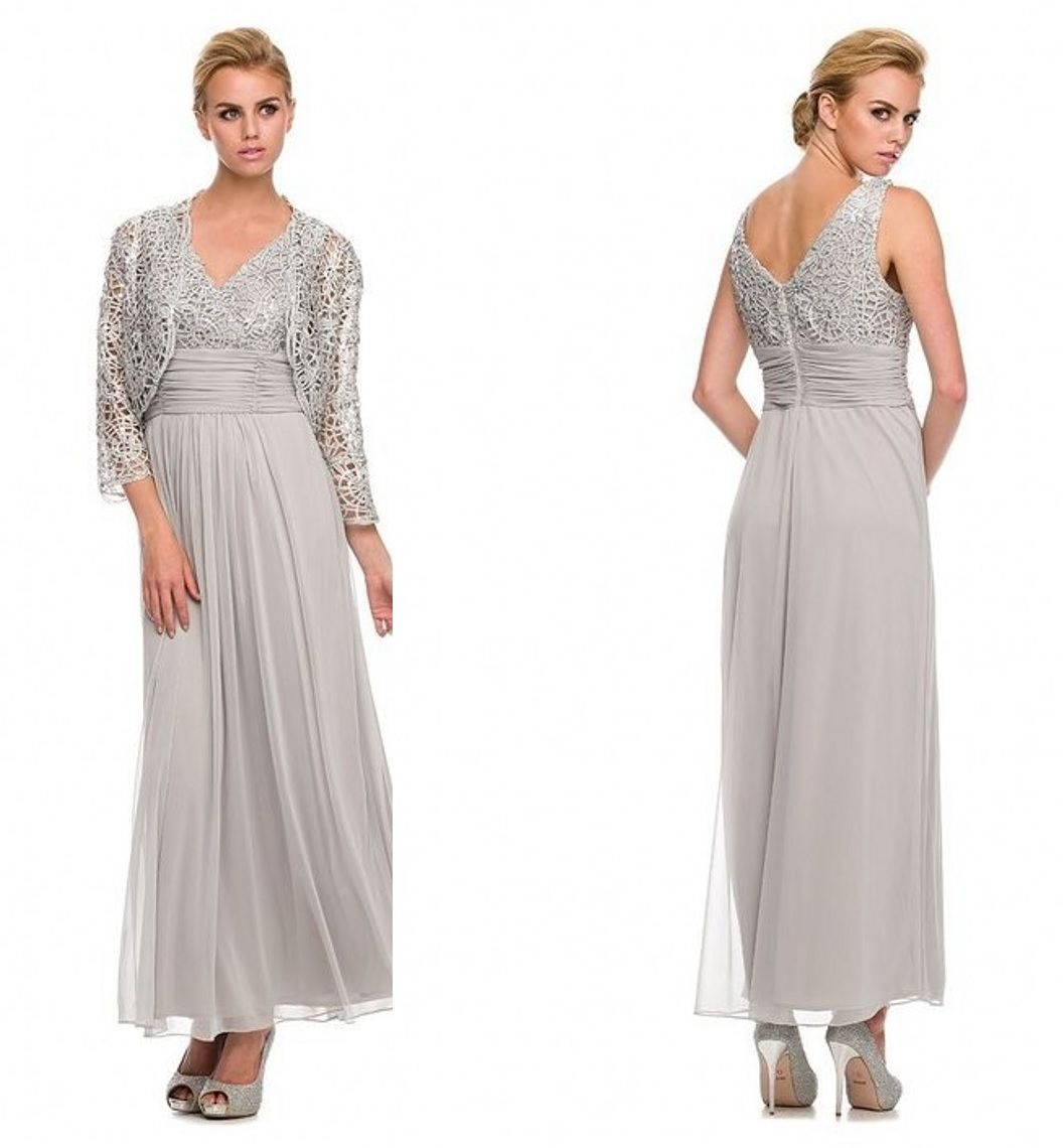 Silver/Gray Lace Tea Length Mother Of The Bride Dresses A Line V Neck