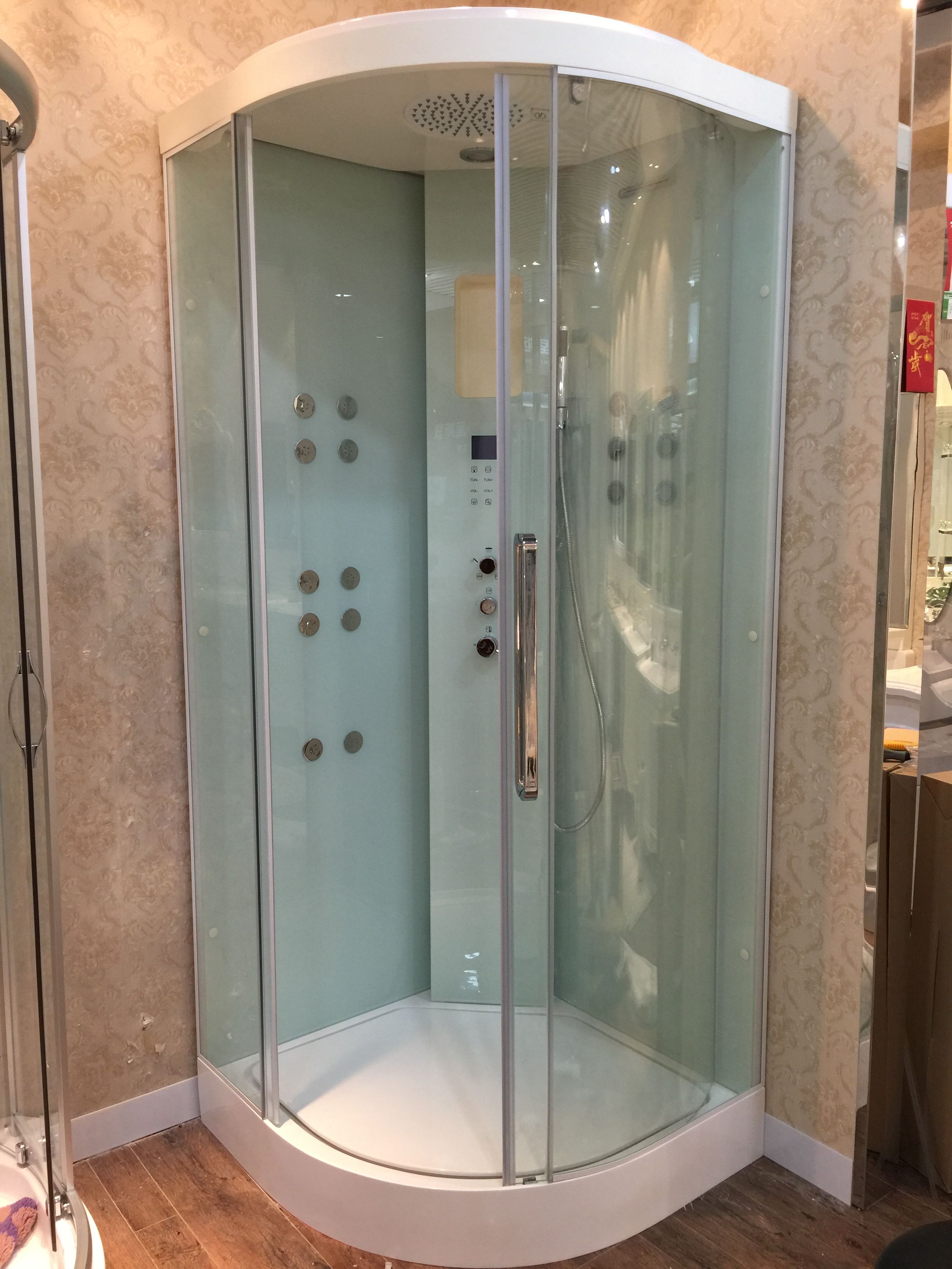 900 900 2200mm Sector Shaped Wall Corner Sliding Door Steam Shower Enclosure Solid Surface Stone Tray Thermostatic Faucet Sauna Cabin 8055 Canada 2019