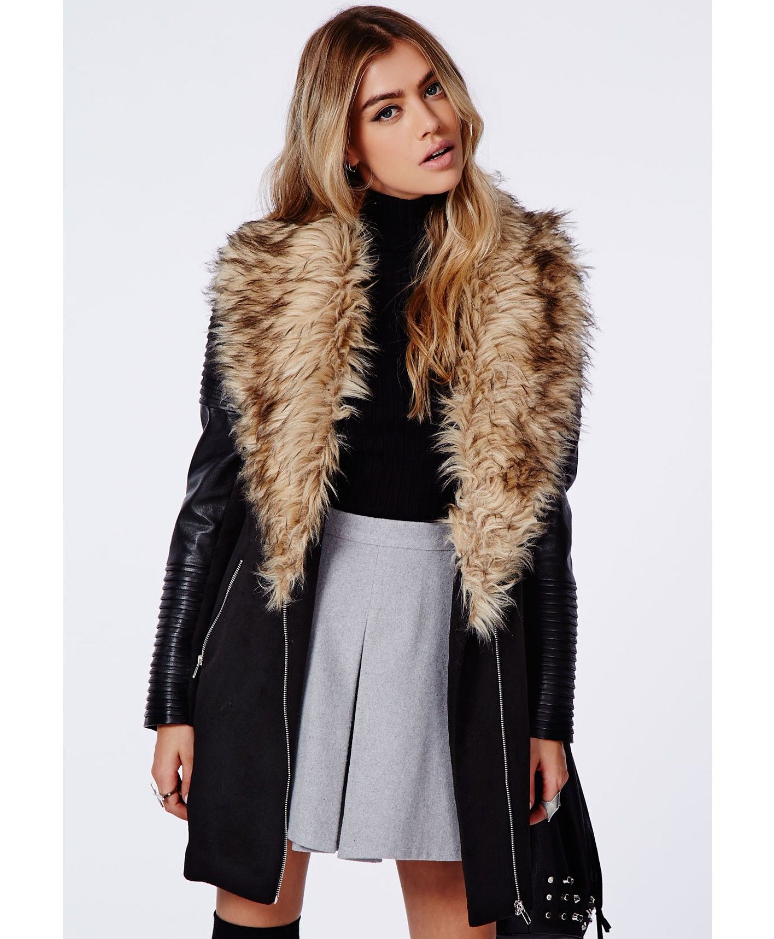 Best Quality 100 Praise Luxury Faux Fur Big Lapel Warm Winter Women 100 Praise Luxury Faux Fur Big Lapel Warm Winter Women Pu Leather Sleeve Long Trench