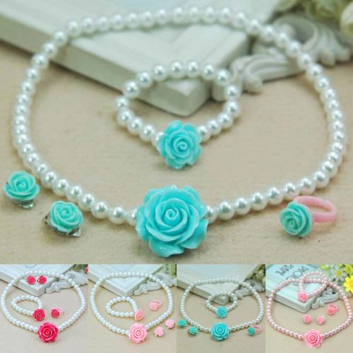1 Set Pearls Flower Shape Kids Girls Child Necklace Bracelet Ring Ear Clips Sets 