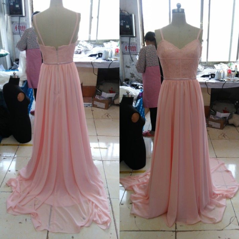 Real Picture Blush Pink Bridesmaid Dresses Spaghetti Straps Lace