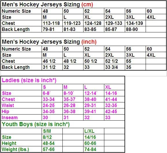 Ice Hockey Jersey Size Chart